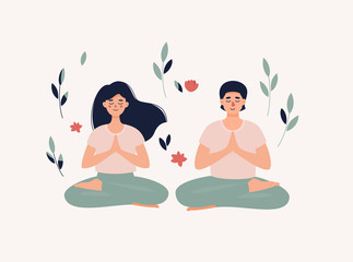 Vector brunet man and woman sitting in lotus position on the light background with leaves and flowers