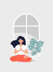 Obraz na płótnie Canvas Vector brunette woman sitting in lotus position at home by the window and potted monstera