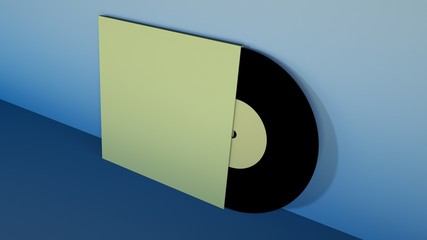Black Vinyl Disc Mock Up. Label Isolated on Blue Background. 3D Render.