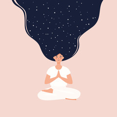 Vector woman with satrry hair  meditating in lotus position
