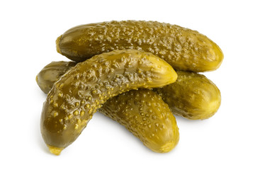 Marinated pickled cucumber isolated on white background with clipping path and full depth of field