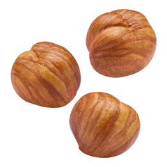 Flying delicious hazelnuts, isolated on white background