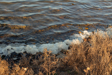 Series of foam on the shore of Salt Lake -1. Water pollution on the shore. Pomorie, Bulgaria.