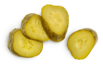 Marinated pickled cucumber slices isolated on white background with clipping path and full depth of field. Top view. Flat lay