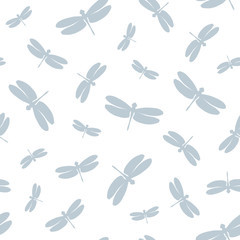 Seamless pattern with dragonflies silhouette. Gray elements on a white background. Stock vector illustration. Great and creative idea for modern designs backdrops, cards, textiles, packings, fabric.