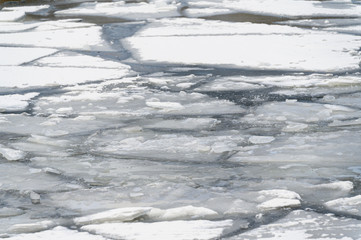 Ice melts on the lake in the spring. The beginning of spring warming. Danger of going out on the ice.