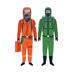 Fototapeta premium workers wearing biosafety suits characters