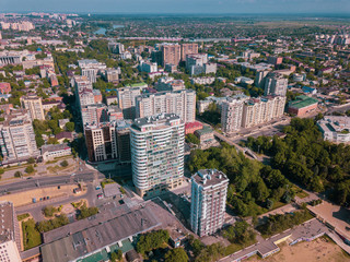 Fototapeta premium Russioa, Krasnodar cityscape and Kuban river from aerial view. Krasnodar region, Russia
