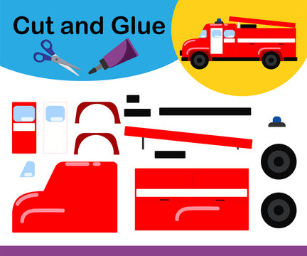 application for children. cut and glue. fire engine. preschool education. development of children. cartoon style. Isolated picture on a white background
