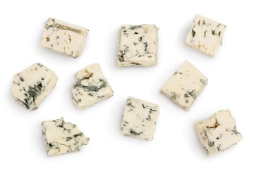 diced Blue cheese isolated on white background with clipping path and full depth of field. Top...
