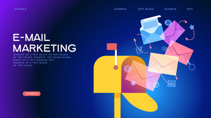 E-mail concept . Marketing e-mail . Mailbox and colored envelopes surrounded by icons . File is saved in AI10 EPS version. This illustration contains a transparency 