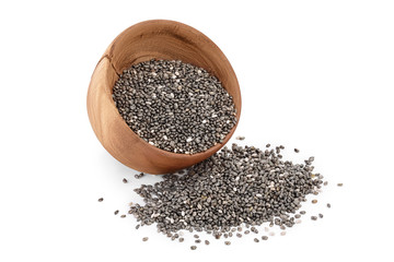 Chia seeds in wooden bowl isolated on white background with clipping path and full depth of field