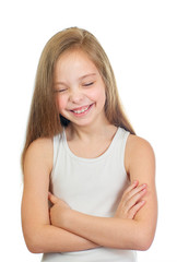 Young cute laughing girl with long light brown hair isolated on white background - 353064130