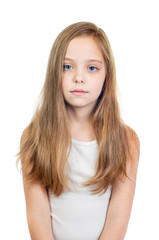 Young cute girl with grey blue eyes and long light brown hair isolated on white background - 353064148