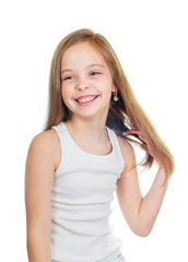 Young cute smiling girl with grey blue eyes and long light brown hair isolated on white background - 353064199