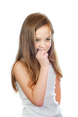 Young cute smiling girl with grey blue eyes and long light brown hair isolated on white background - 353064325