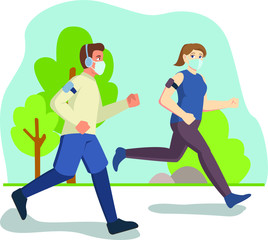 Man and woman are jogging together while using medical mask