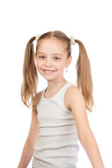Young cute smiling girl with grey blue eyes and two hair tails isolated on white background - 353064377