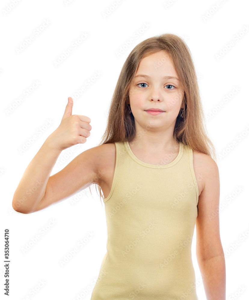 Wall mural Young cute smiling girl with long light brown hair shows thumbs up isolated on white background - Wall murals