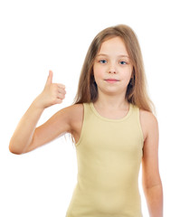 Young cute smiling girl with long light brown hair shows thumbs up isolated on white background