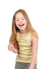 Young cute laughing girl with long light brown hair isolated on white background - 353064715
