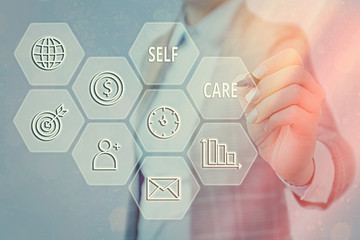 Text sign showing Self Care. Business photo showcasing the practice of taking action to improve one...