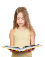 Young cute girl with long light brown hair reading the yellow book isolated on white background - 353064738