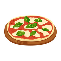 トマトソースとバジルの葉が美味しそうなピザのイラスト。