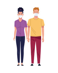 young couple using medical masks characters