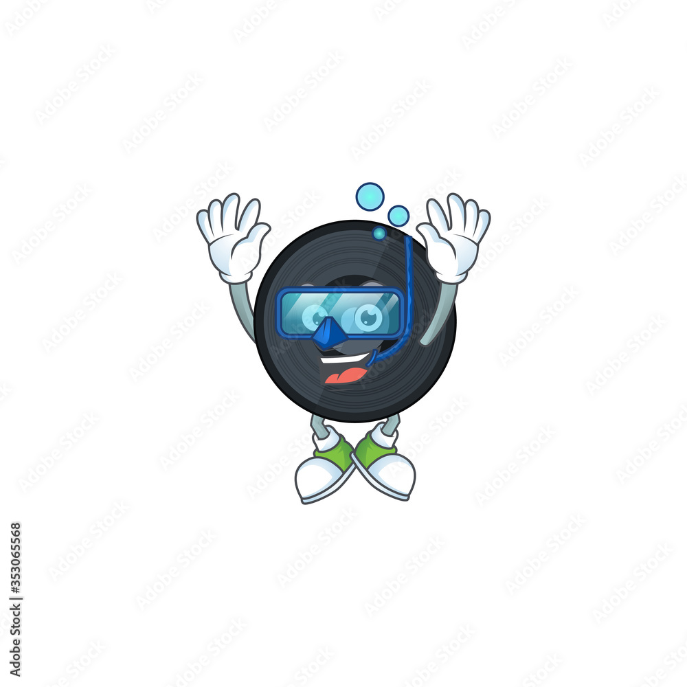 Poster cartoon drawing concept of music viynl disc wearing cool Diving glasses ready to swim