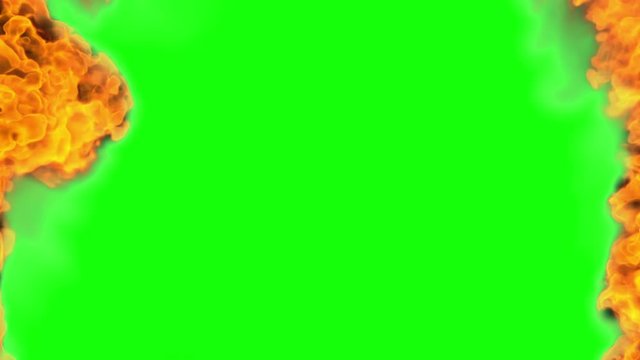 Huge fires with light smoke at screen borders - isolated on green screen for chromakey use - 4K UHD 60 FPS 3D animation