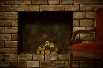 Decorative fireplace with birch logs in the twilight and next to a standing chair with wooden armrests.