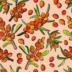Seamless pattern with sea buckthorn berries. Stock illustration. Design for wallpaper, fabric, textile, packaging, cafe.