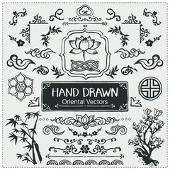Set of hand drawn oriental brushes. Vintage frame, oriental decorations. Vector illustration.