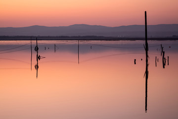 A series of landscapes of a salt lake in a seaside resort after sunset. Contemplation. Pomorie, Bulgaria.