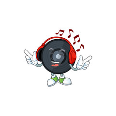 Cartoon drawing design of music viynl disc listening to the music with headset
