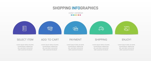Concept of shopping process with 5 successive steps. Five colorful graphic elements. Timeline design for brochure, presentation, web site. Infographic design layout.
