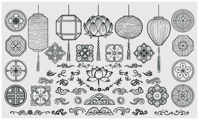 Set of hand drawn oriental elements. Asian lanterns and traditional patterns.