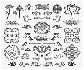 Set of hand drawn oriental elements. Black mandalas and lotus. Asian traditional design. 