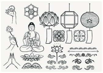 Set of hand drawn oriental elements. Sitting Buddha with hands and lotus. Asian traditional design. 