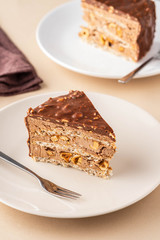 Chocolate cake with nuts and caramel on a light background.