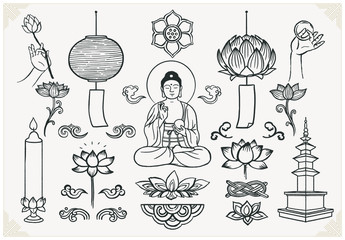 Set of hand drawn oriental elements. Sitting Buddha with hands and lotus. Asian traditional design.  - obrazy, fototapety, plakaty
