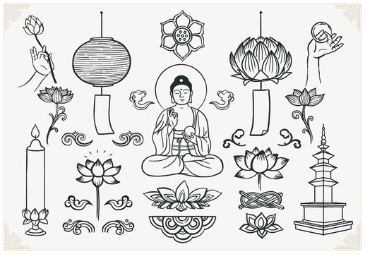 Set of hand drawn oriental elements. Sitting Buddha with hands and lotus. Asian traditional design. 