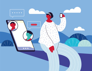 woman with smartphone chatting, chat bubble