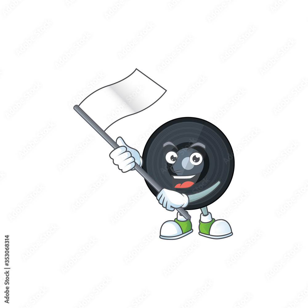 Poster Cute caricature character of music viynl disc with a white flag