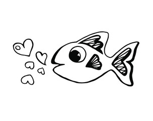 Cute fish with hearts, drawn in Doodle style. Vector illustration, black and white.