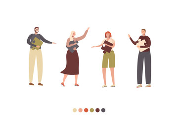 Solving problem concept. Group of people putting puzzle details. Vector illustration isolated on white