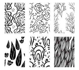 Set of isolated on transparent background vector seamless abstract hand drawn patterns in black and white colors