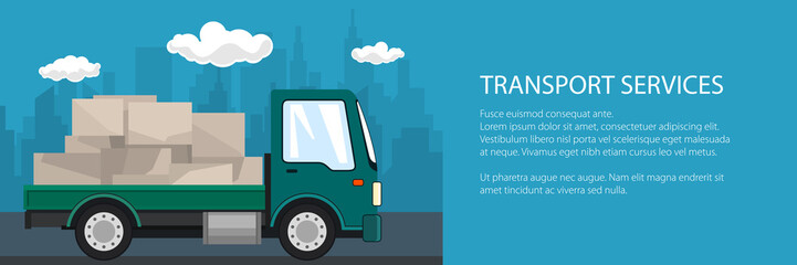 Banner of delivery services, green small cargo truck with boxes on the road, logistics, shipping and freight of goods, vector illustration