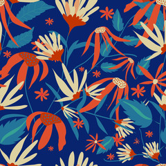 Abstract floral vector seamless repeat pattern, with 70's color schemes, orange, blue, teal color theme,on-trend floral designs perfect for fabrics,, wall paper, and home decor products